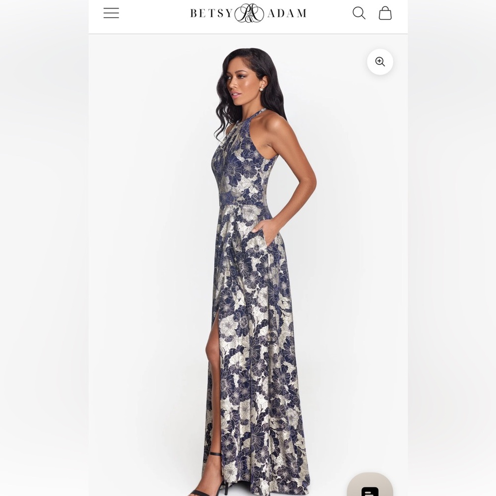 Betsy & Adam Navy Blue and Gold Floral Maxi Dress